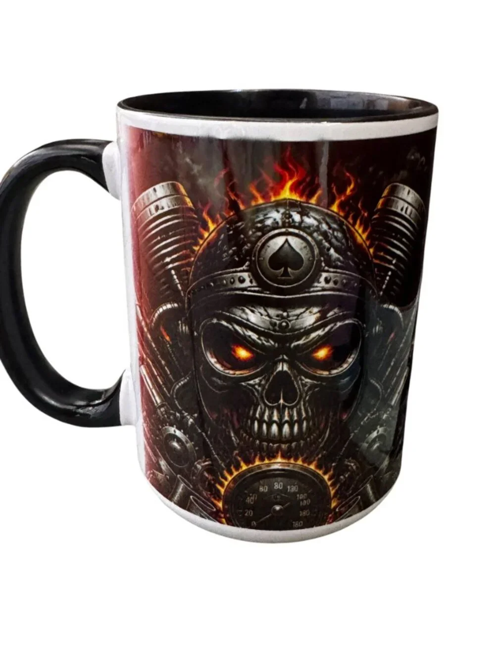 Flaming Skull Biker Ceramic Coffee Mug, 15 oz